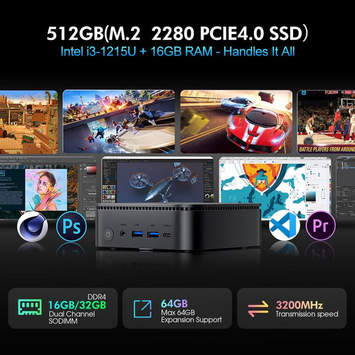 Blackview MP100 Pro Mini PC, Intel i3-1215U (bis to 4.4GHz), DDR4 16GB (Up to 64GB) RAM 512GB (Max 2