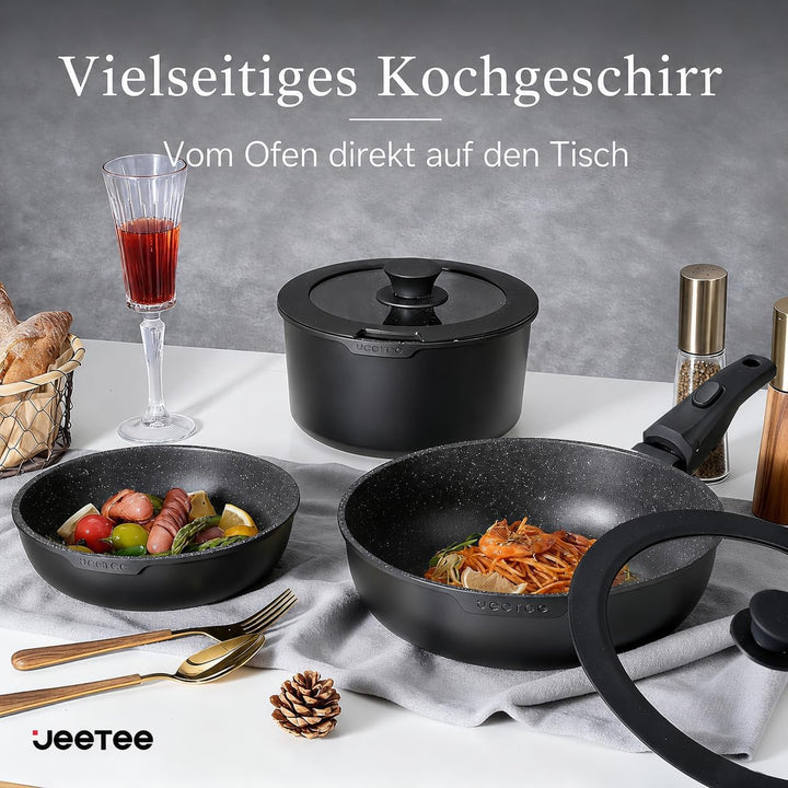JEETEE Topf und Pfannensets mit abnehmbarem Griff 17-Teilig, Antihaft Pfanneset, Topfset Induktion,