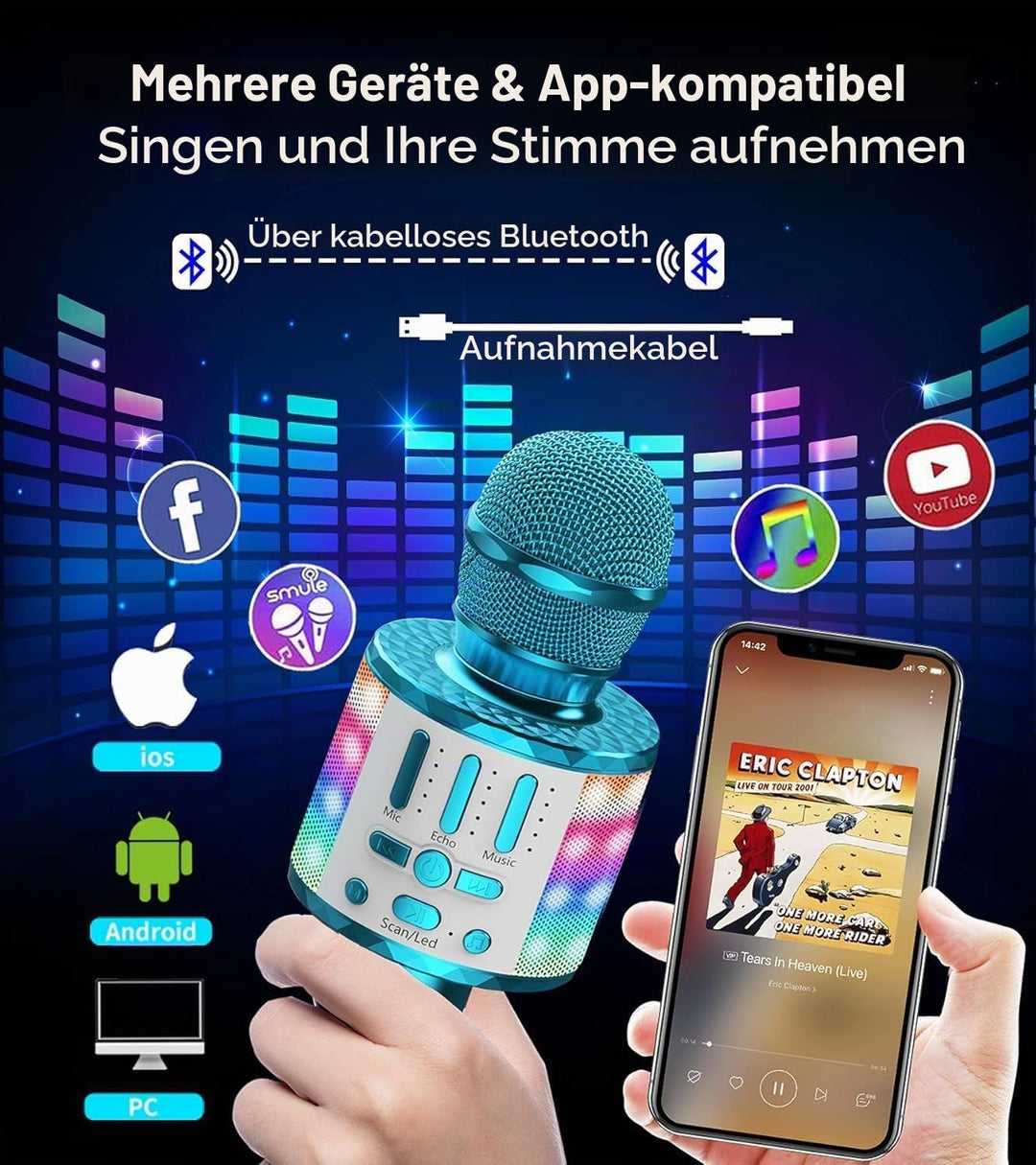 Karaoke Mikrofon, Drahtloses Bluetooth Mikrofon Kinder mit LED, Tragbares Karaoke Maschine zum Singe