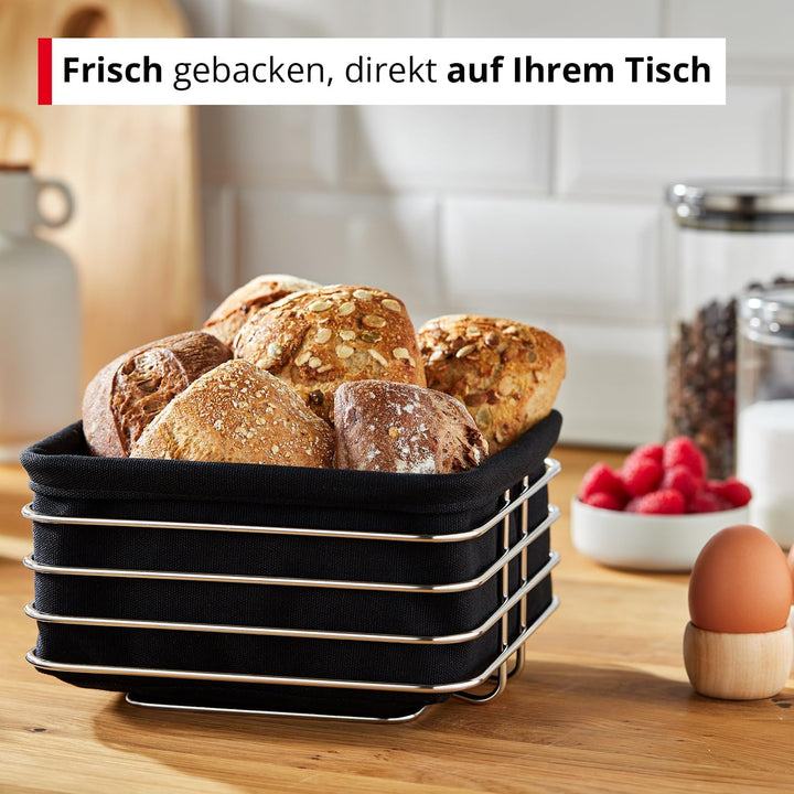 Meisterkoch Brotkorb aus Metall mit Stoffeinsatz, eckig 20x20 cm, Brötchenkorb aus Edelstahl, Stoffe