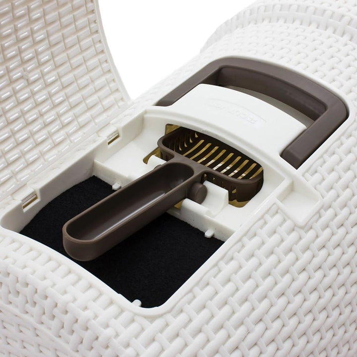 Curver petlife Katzentoilette mit Deckel, Katzenklo inklusive Schaufel, moderne Rattangeflecht-Optik