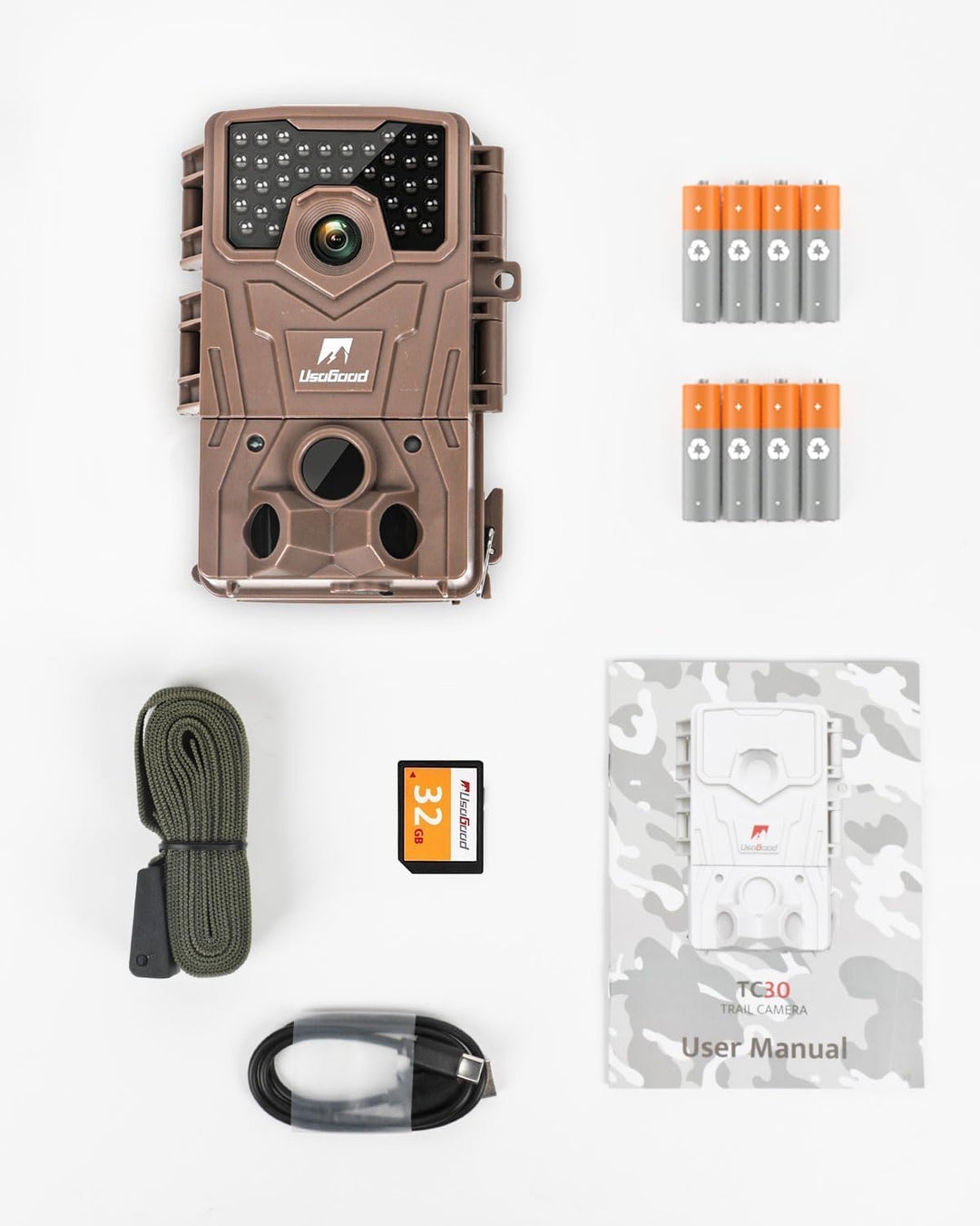 usogood Wildkamera 4K 48MP 30 fps mit Nachtsicht, Bewegungserkennung und Batterie 8 AA + 32 GB, wass