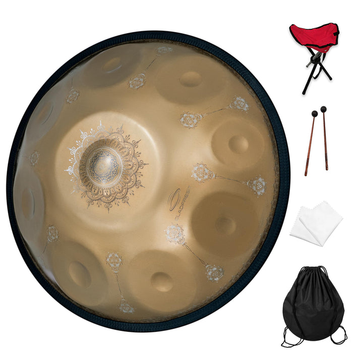 GLADFRESITHandpan 'Golden Mandrake' - 18 inch, 9 tones, 440Hz in G minor with stand, bag, mallets an