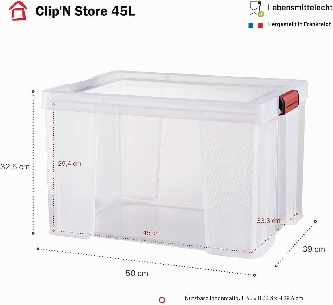 Sundis 4501001 Clip 'n' store Aufbewahrungsbox mit Deckel Kunststoff transparent 50 x 39 x 32,5 cm 4