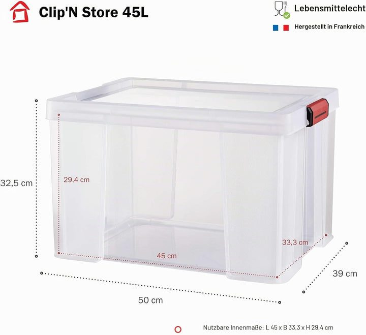 Sundis 4501001 Clip 'n' store Aufbewahrungsbox mit Deckel Kunststoff transparent 50 x 39 x 32,5 cm 4