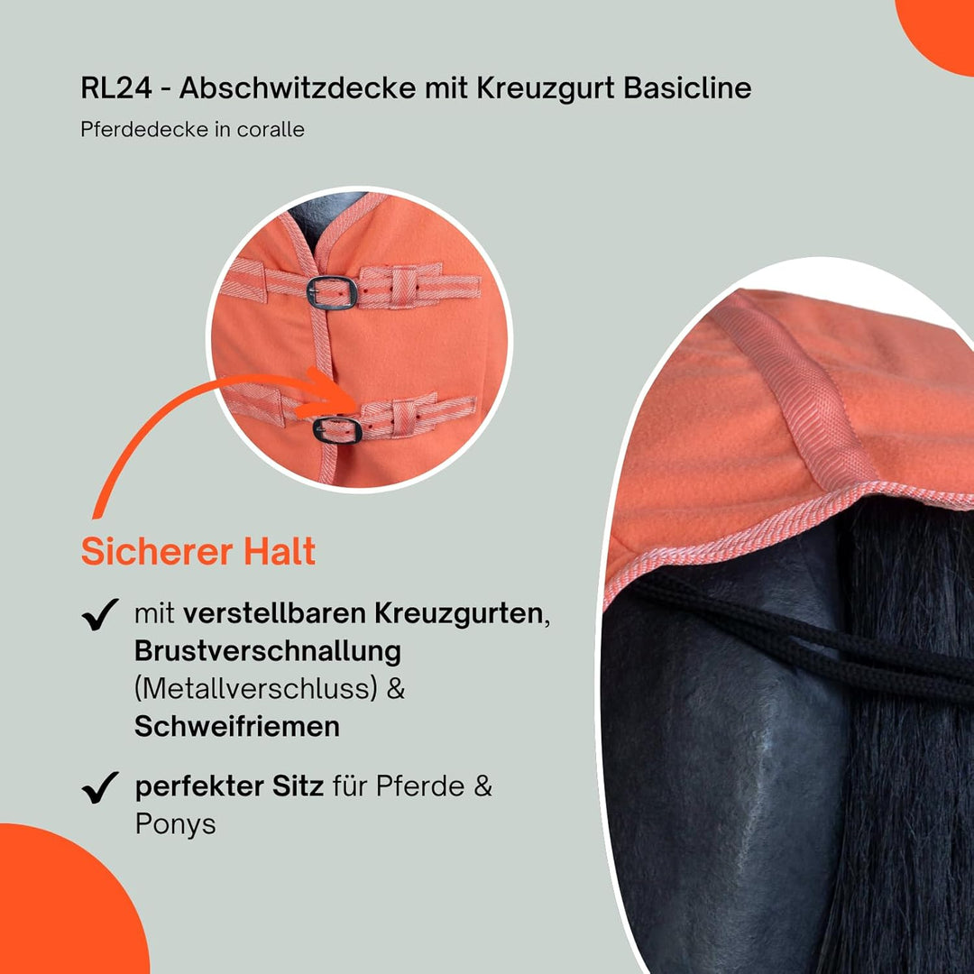 RL24 - Abschwitzdecke BASICLINE mit Kreuzgurt fürs Pferd ist atmungsaktiv Fleecedecke Transportdecke