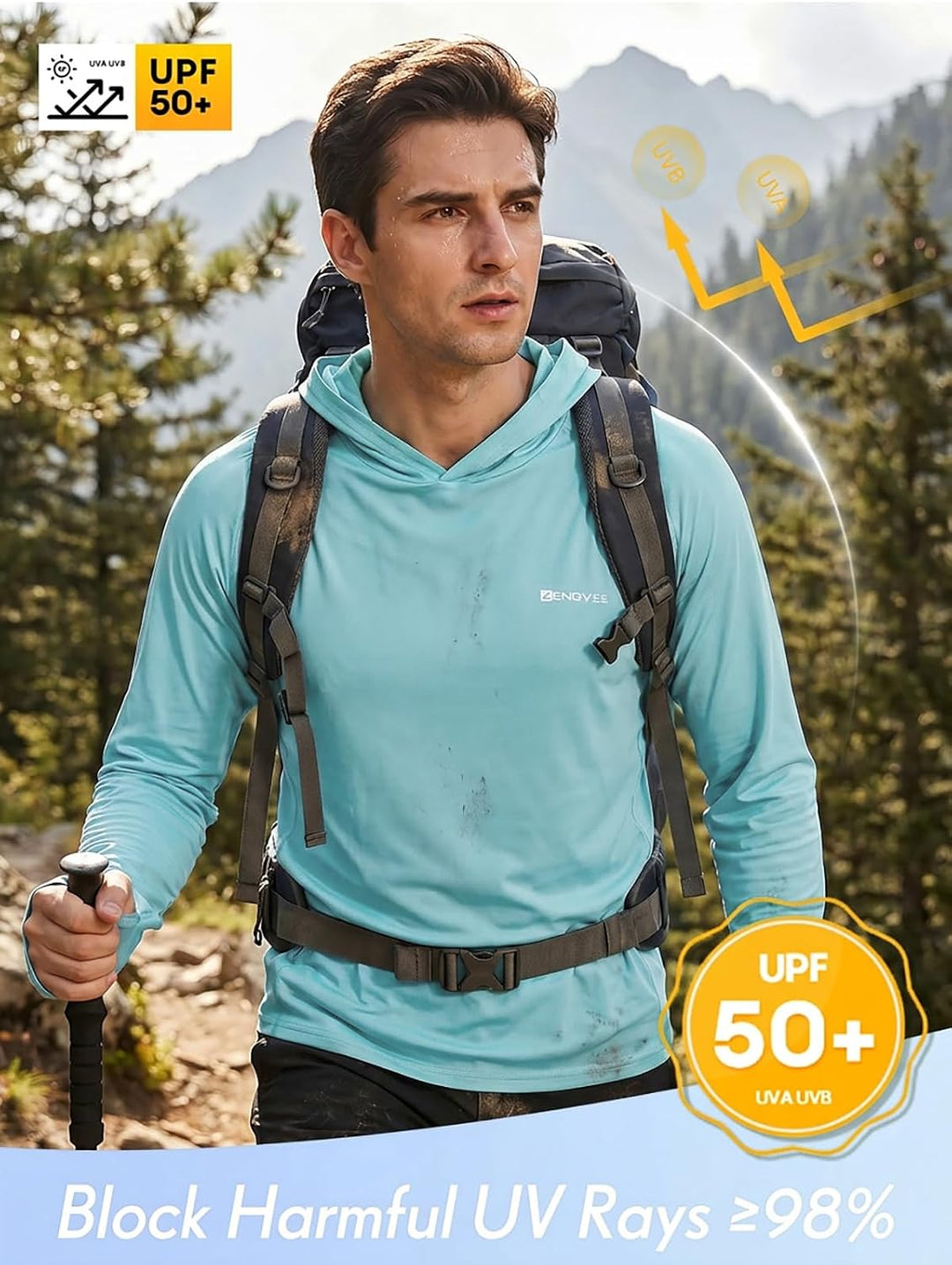 HUAKANG Herren Langarm Rashguard Kapuzenpullover UPF50+ Shirt Rashguard Angelbekleidung UV Sonnensch
