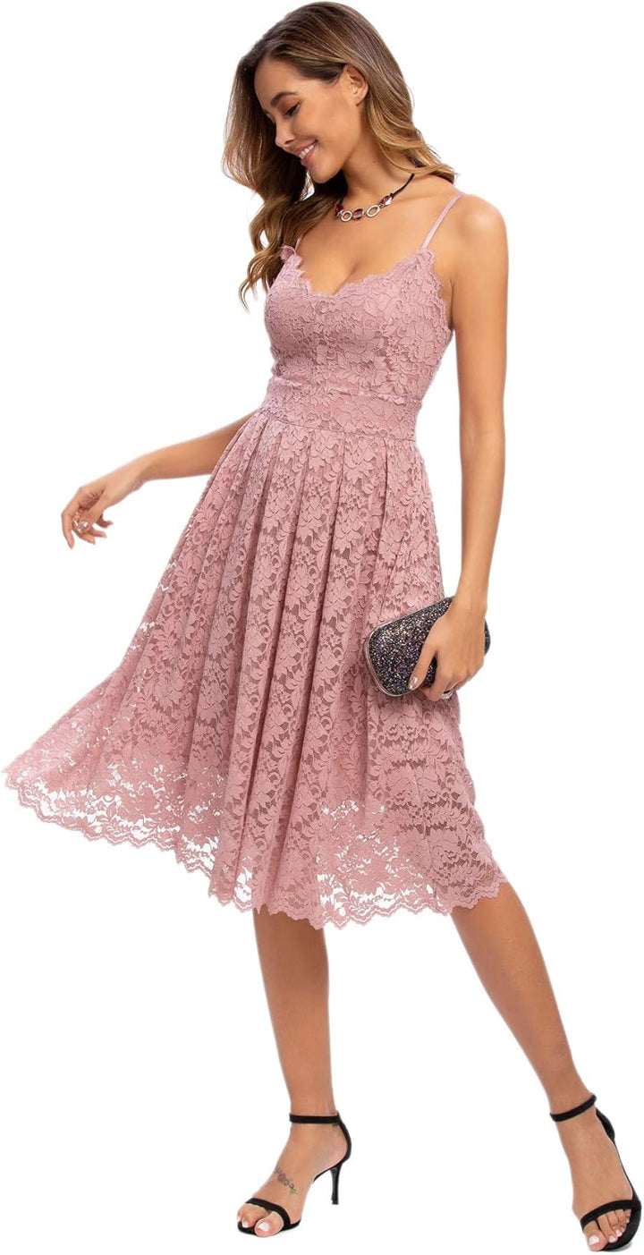 Atnlewhi Damen Vintage ärmellosen V-Ausschnitt A-Linie Kleid Blumen Knielang Spitzenkleid Brautjungf