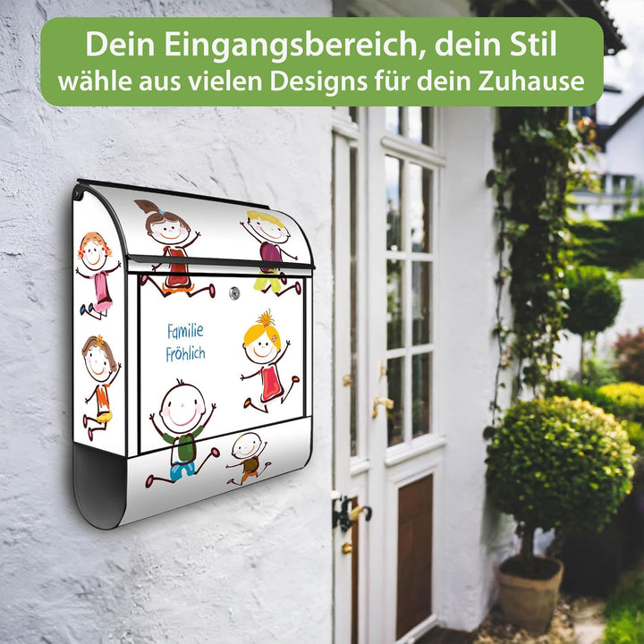 banjado® Design Briefkasten personalisiert Happy Kids 38,5x46,5x13cm & 2 Schlüssel - Briefkasten Sta