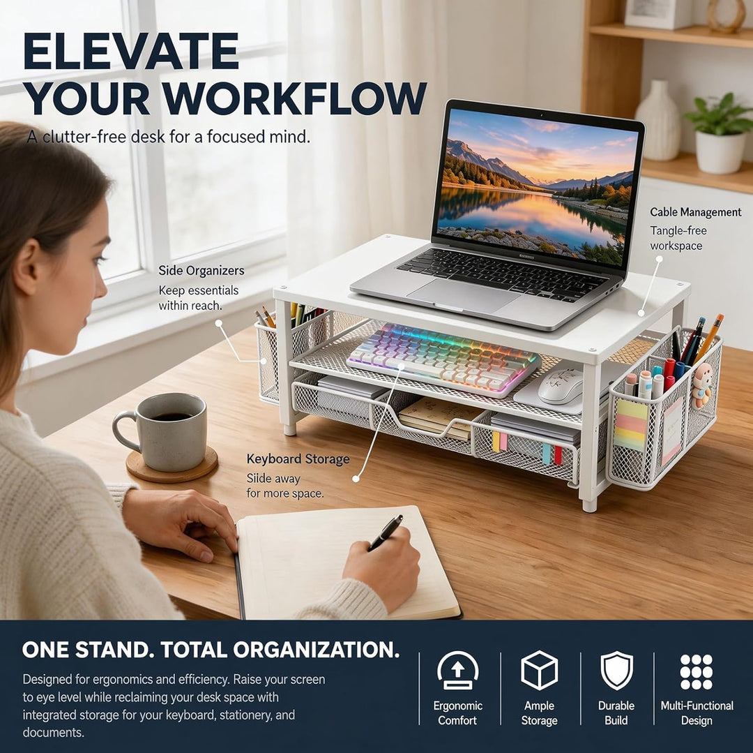 Monitor Erhöhung, ergonomischer Monitorständer mit Schublade und 2 Stifthaltern, Schreibtisch Organi