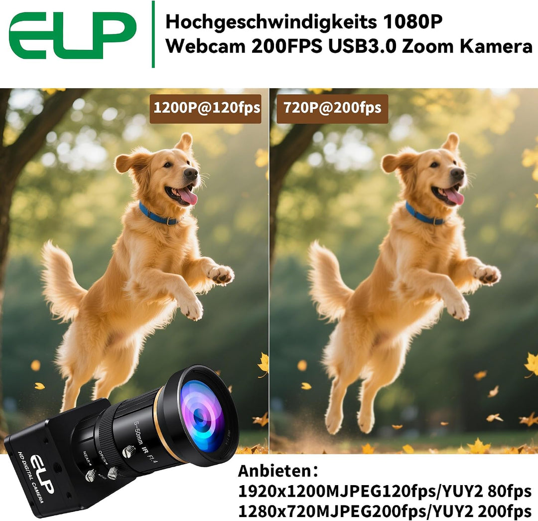 G ELP High Speed Global Shutter USB3.0 Zoom Kamera, 720P/200fps, 1200P/120fps, 5-50mm 10X Zoom Webca