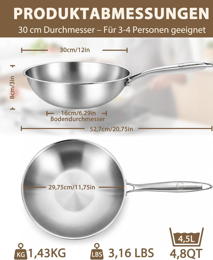 LOLYKITCH Wok 30 cm, unbeschichtete Edelstahl-Wokpfanne mit Glasdeckel | Abnehmbarer Griff | Tri-Ply