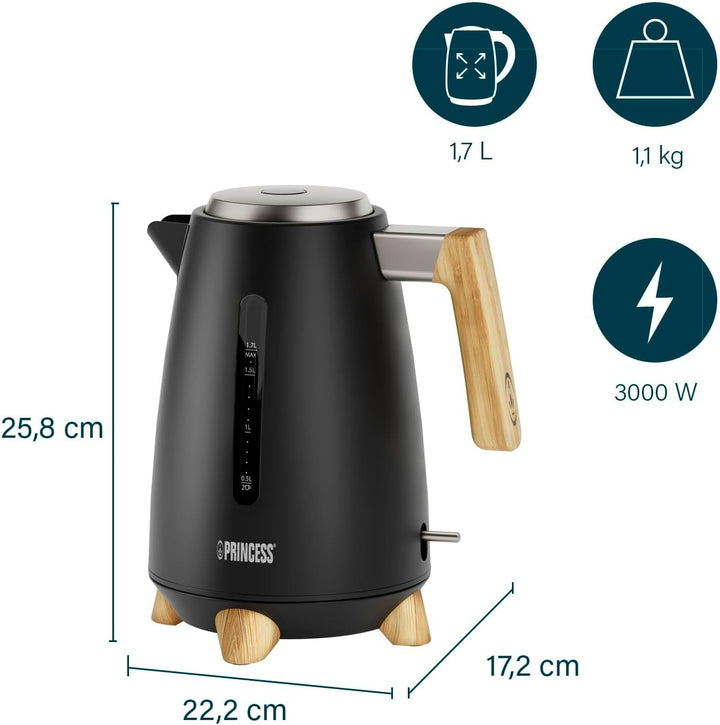 Princess Wasserkocher Pure - 1,7 L - Bambusdesign - 360° drehbar - 3000 W - Mattschwarz 1.7 Liter Sc