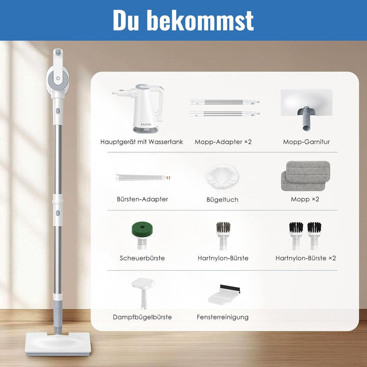 FEPPO Dampfreiniger 2-in-1 mit abnehmbarem Handdampfreiniger, 15 s Aufheizzeit, 230°F Heissdampf, al