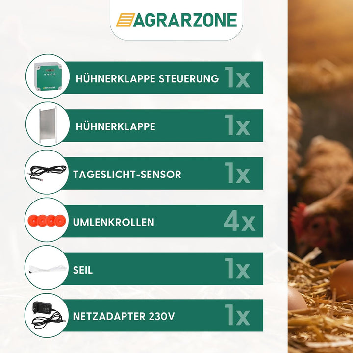 Agrarzone automatische Hühnertür Hühnerklappe mit Schieber 30 x 40 cm | Türöffner Hühnerstall mit Ze