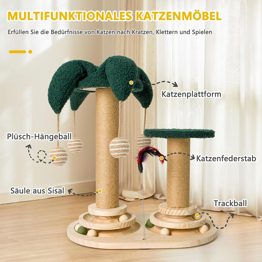 6 in 1 Interaktives Katzenspielzeug, Holz Katzenmöbel mit Hängenden Kugeln, Federn, Drehbar Smart Tr
