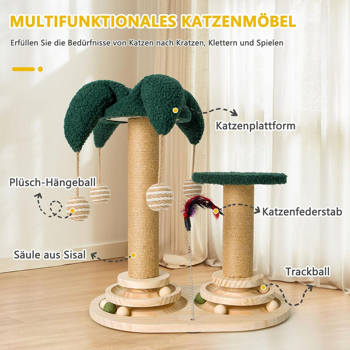 6 in 1 Interaktives Katzenspielzeug, Holz Katzenmöbel mit Hängenden Kugeln, Federn, Drehbar Smart Tr