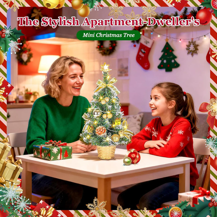 Kleiner Weihnachtsbaum mit Beleuchtung, 45CM Künstlicher Mini Weihnachtsbaum mit Stern und Deko, Ges