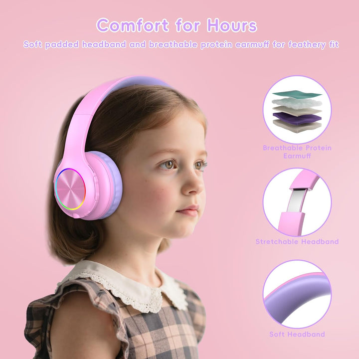 6.0 Bluetooth Kinder Kopfhörer, Kabellose Kinderkopfhörer mit LED-Leuchten, HD-Mikrofon, 85h Spielze