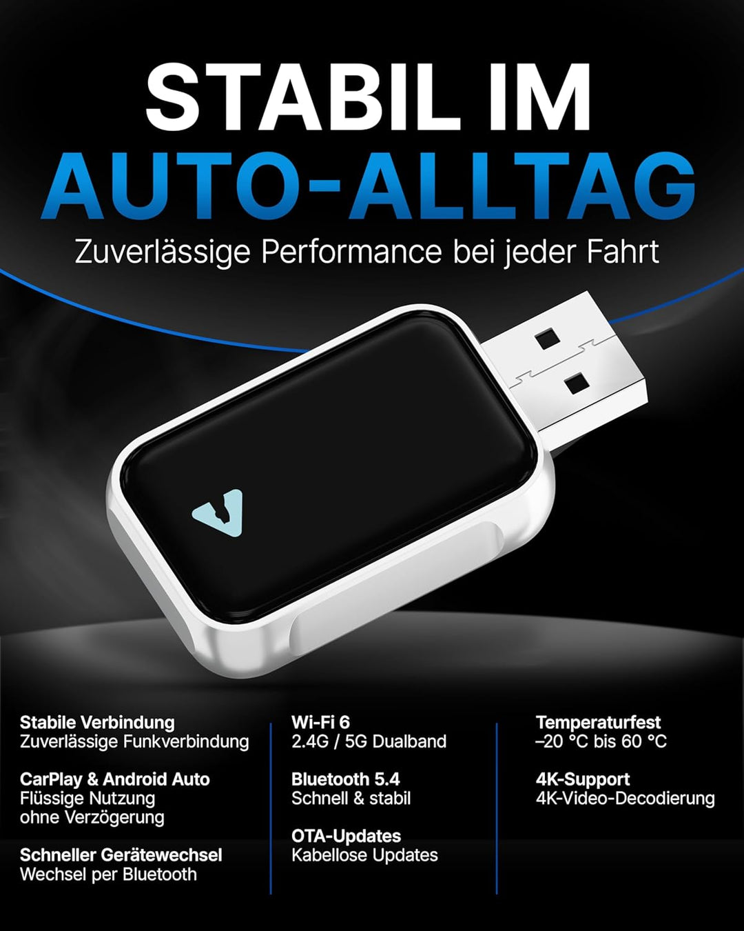 Carplay Wireless Adapter & Android Wireless Adapter fürs Auto – USB-A Plug & Play Nachrüstadapter, U