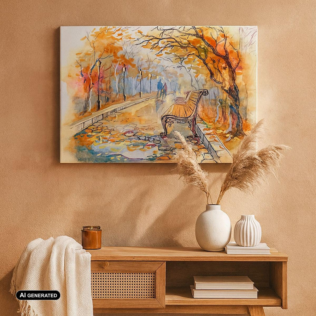 ARTTOR Bilder auf Leinwand Path Bench Herbst Frau Leinwandbild 70x50cm Wandbilder Dekoration Wohnzim