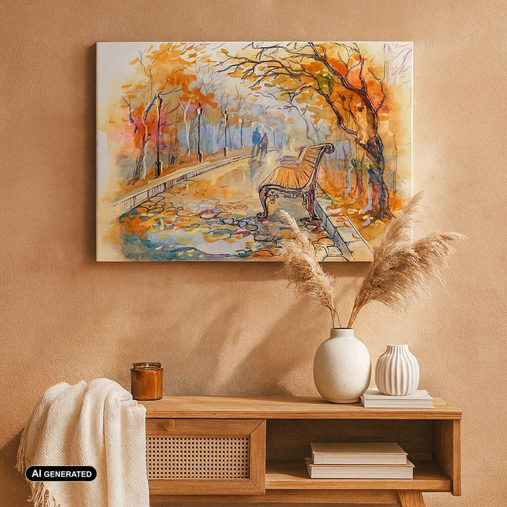 ARTTOR Bilder auf Leinwand Path Bench Herbst Frau Leinwandbild 70x50cm Wandbilder Dekoration Wohnzim