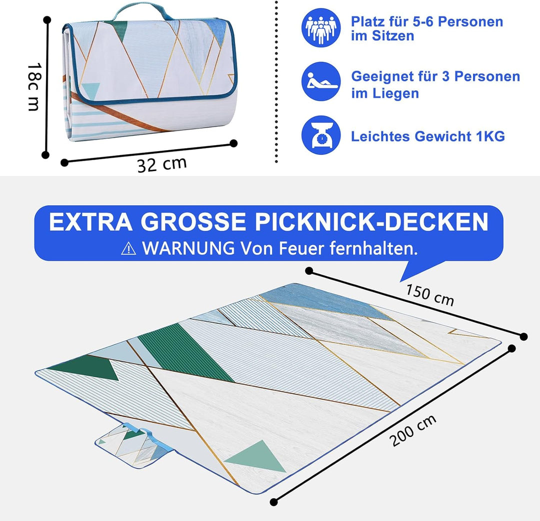 DanCoom Picknickdecke, Faltbare wasserdichte Sandmatte, 150 x 200CM Extra grosse Picknickdecke, Outd