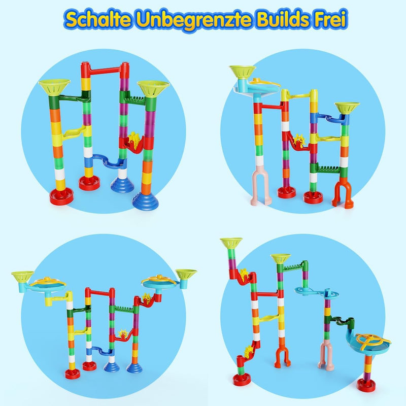 Murmelbahn Kinderspiel - 110PCS Mehrfarbige Kugelbahn Marble Run Set mit Spannende Bahnelementen und