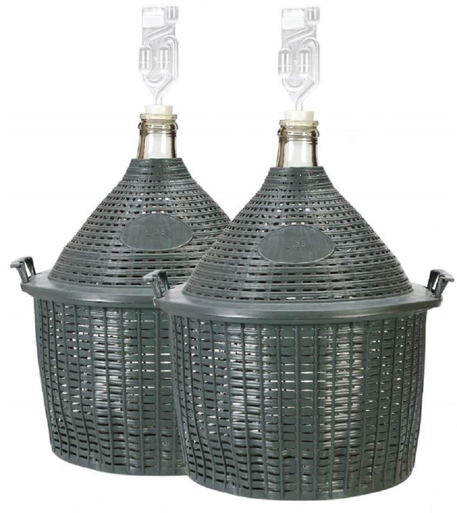 lilawelt24 2X 5 L Glasballon + Gummistopfen+GÄRRÖHRCHEN, Gärballon mit Kunststoffkorb, Weinballon, F