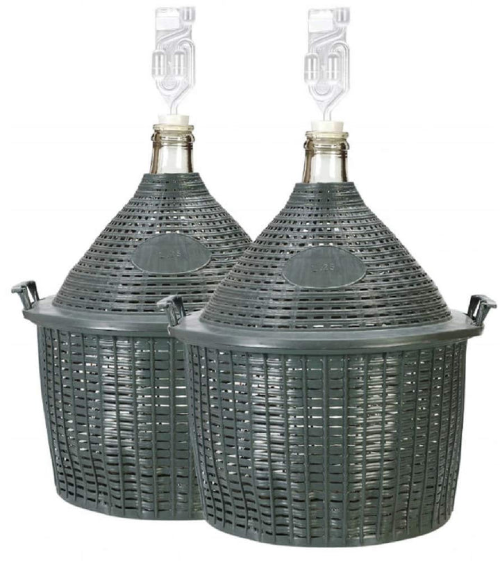 lilawelt24 2X 5 L Glasballon + Gummistopfen+GÄRRÖHRCHEN, Gärballon mit Kunststoffkorb, Weinballon, F