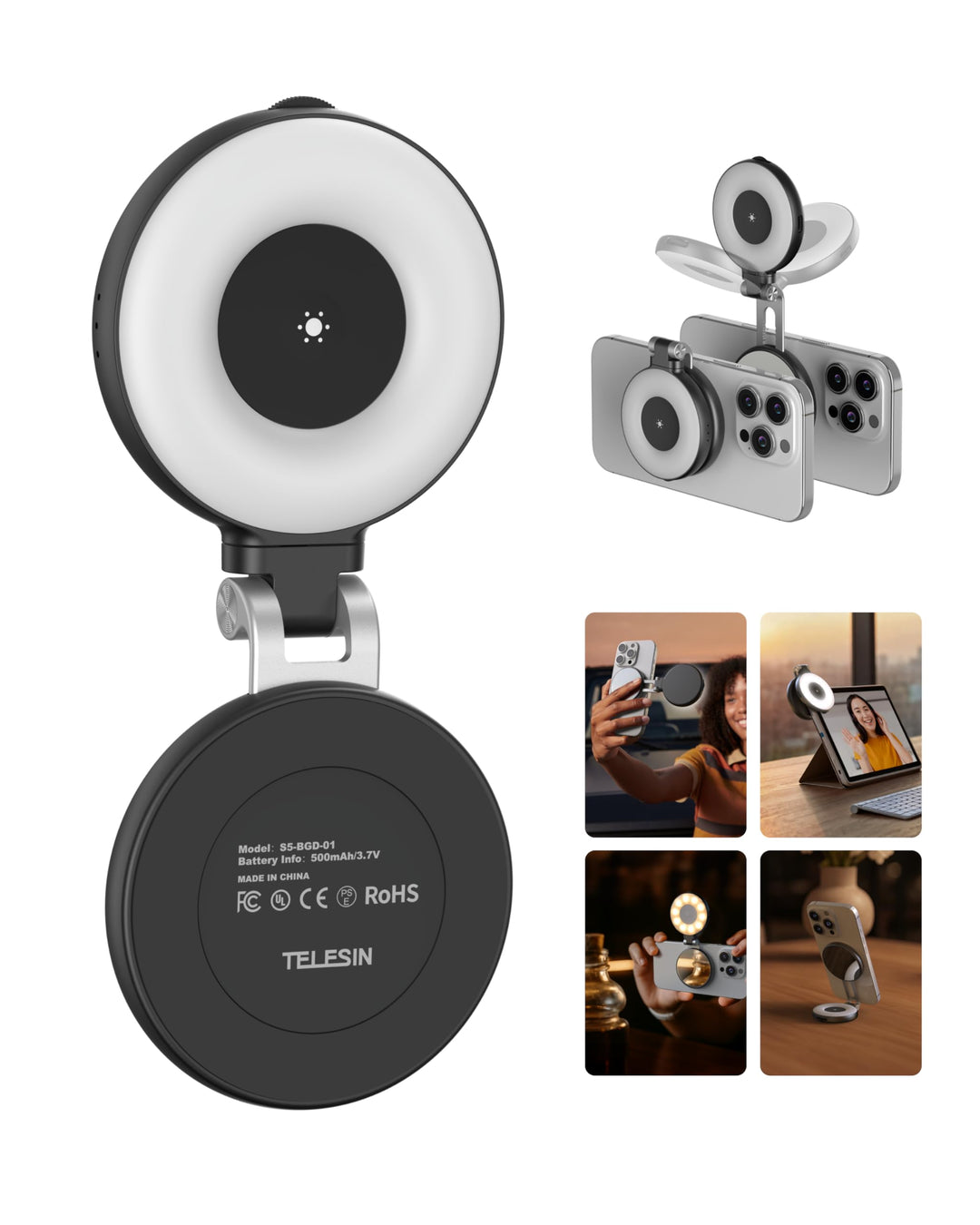 TELESIN C03 Magnetische Selfie-Licht, Handy-Licht kompatibel mit Magsafe, CRI97 360° LED Selfie Ring