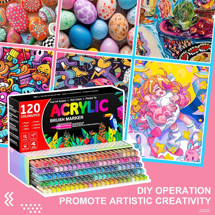 120 Farben Acrylstifte für Steine Wasserfest, Permanent Acrylic Marker, Pinselspitze Acrylstifte für