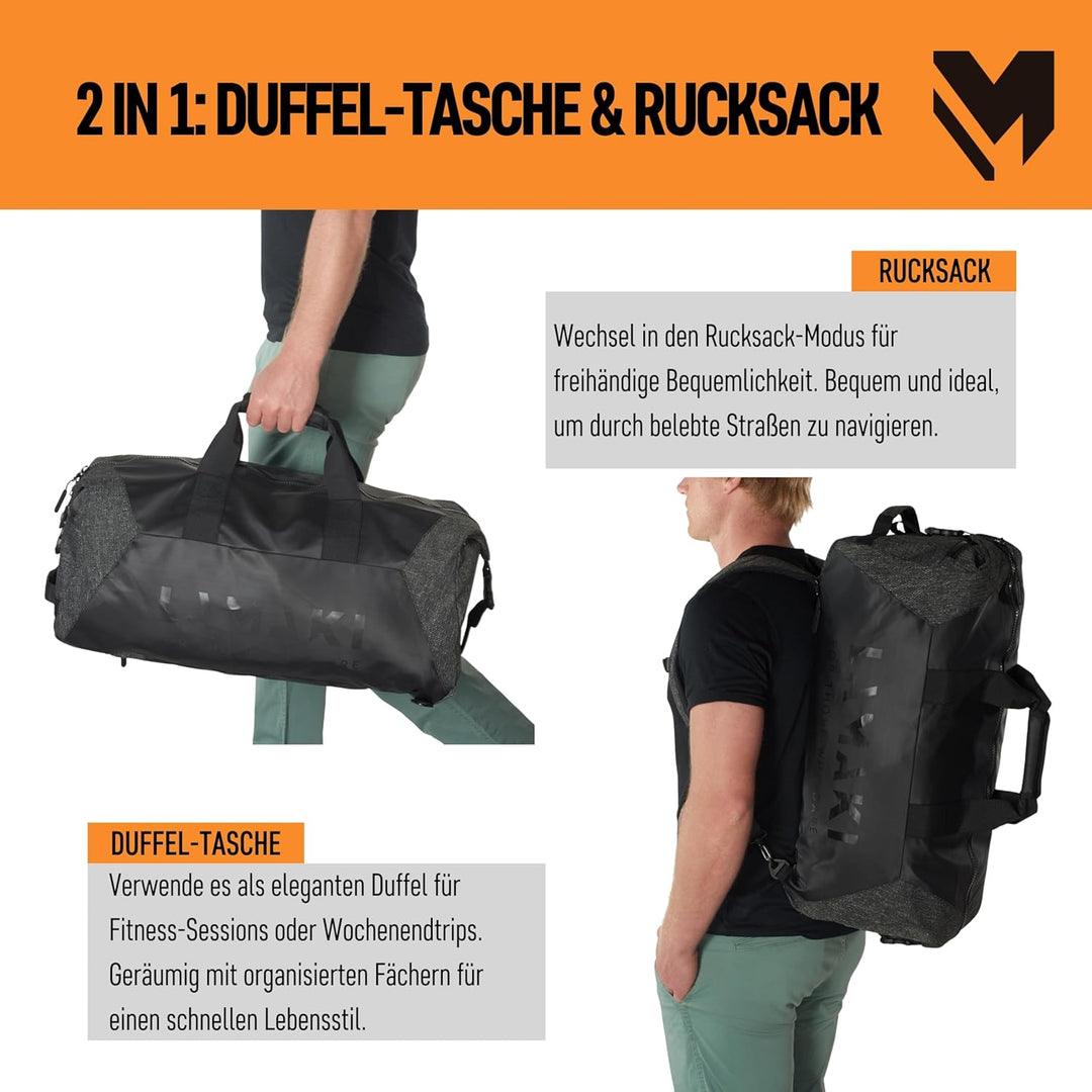Lamaki Sporttasche Herren & Damen 45L Duffle Bag - Multifunktional 2-in-1 Sporttasche mit Rucksackfu