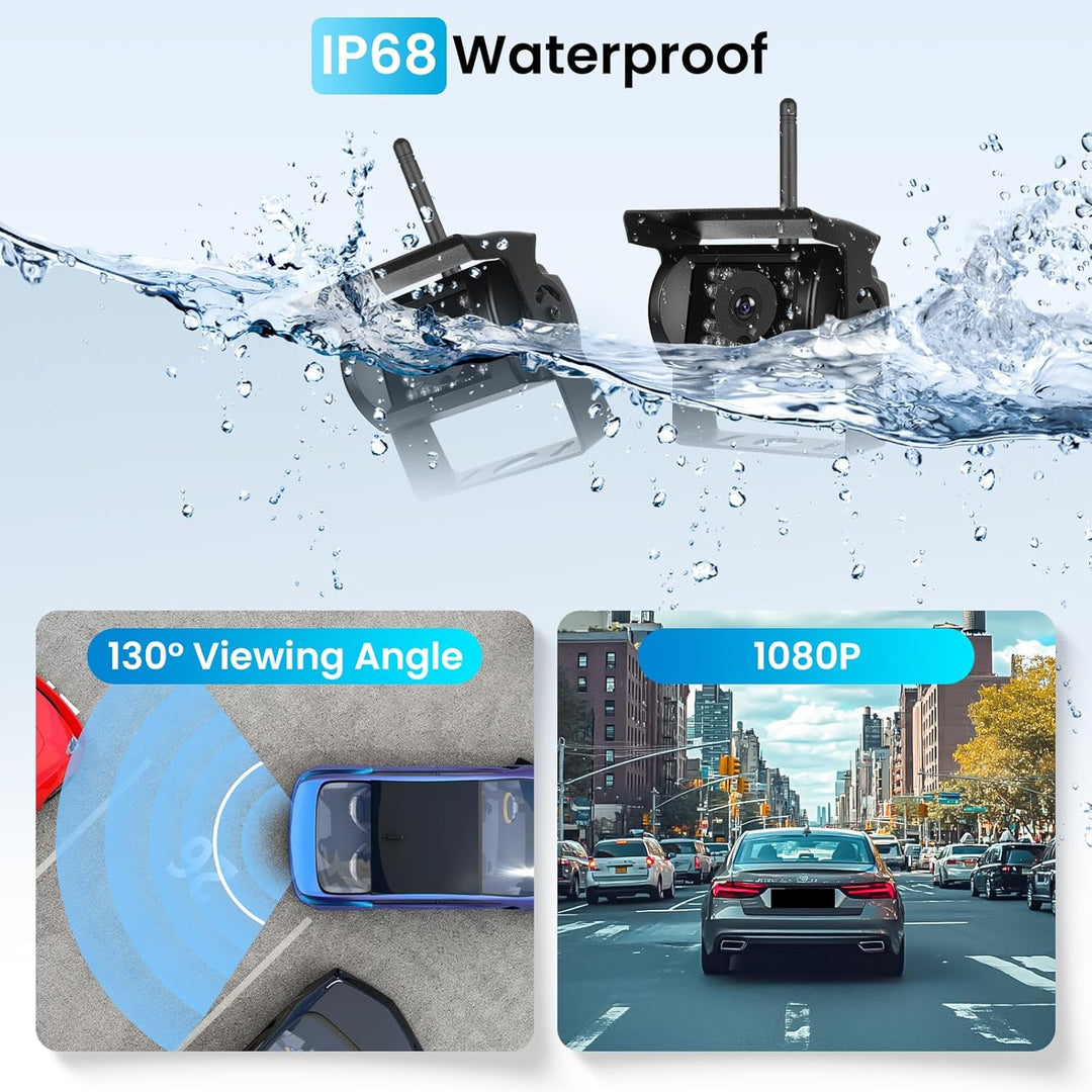Drahtloses Rückfahrkamera Set mit 7-Zoll Monitor, 2 rückfahrkamera IP68 wasserdichte IR-Nachtsicht W