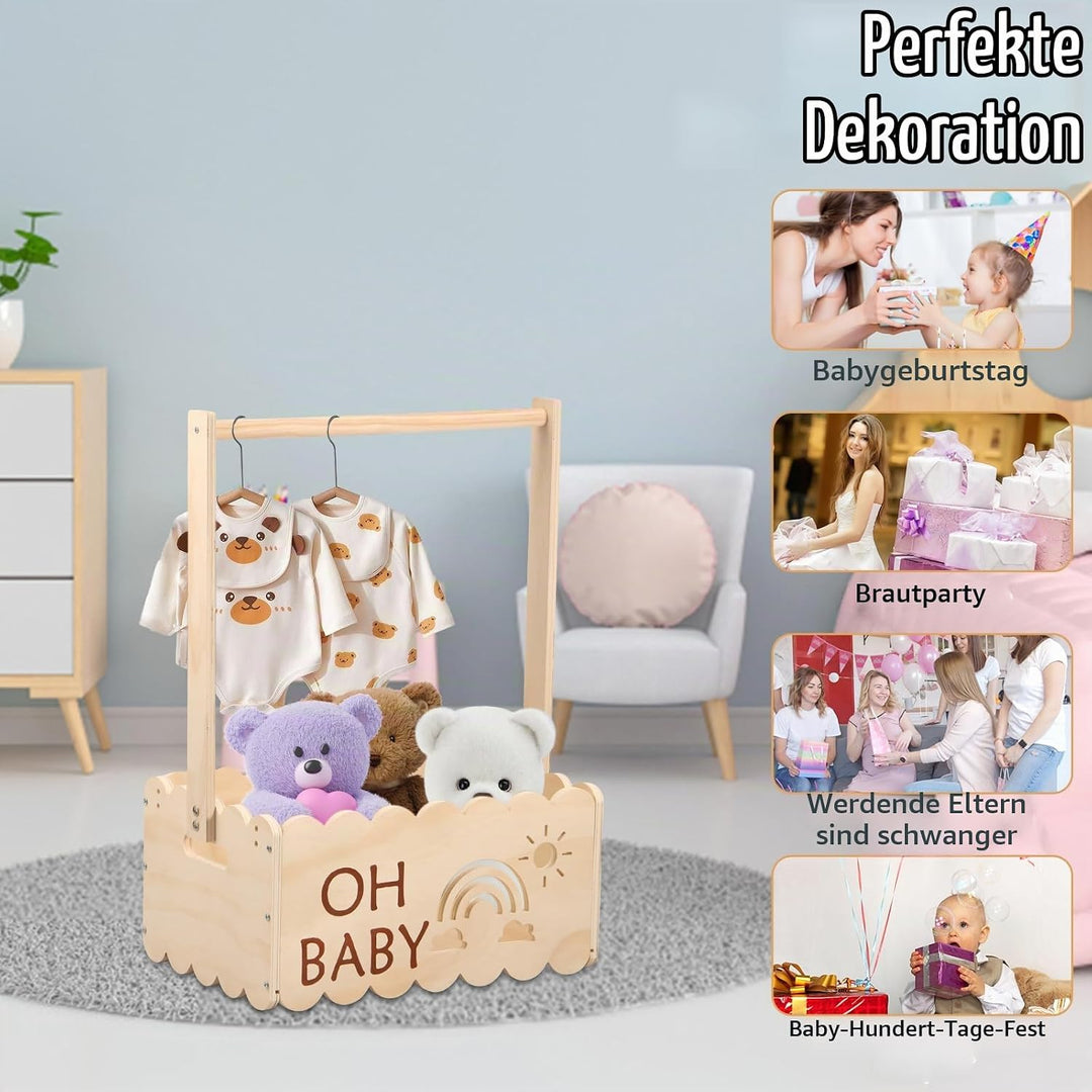 Babyparty Geschenk mit Griff,Holz Babyparty Kiste,34 * 22.8 * 17.5cm,Baby Aufbewahrungskorb,Dekorati