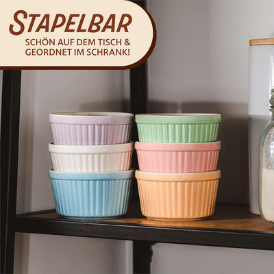 6 Souffle Förmchen aus Keramik - Backofenfest - 200 ml - 9 cm - Stapelbar - Mit Antihaftbeschichtung