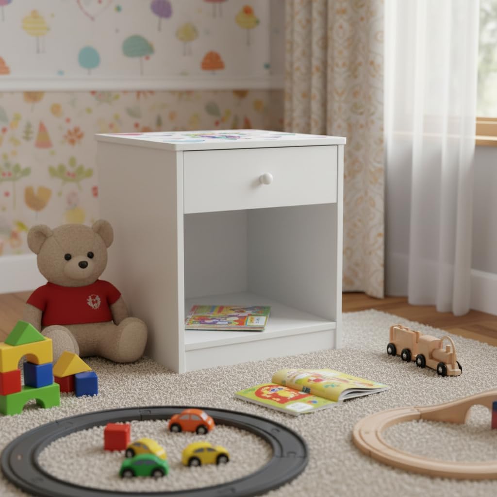 Leomark Nachttisch aus Holz - Einhorn - Nachtschränkchen mit Schublade, Nachtschrank für Kinder, Wei