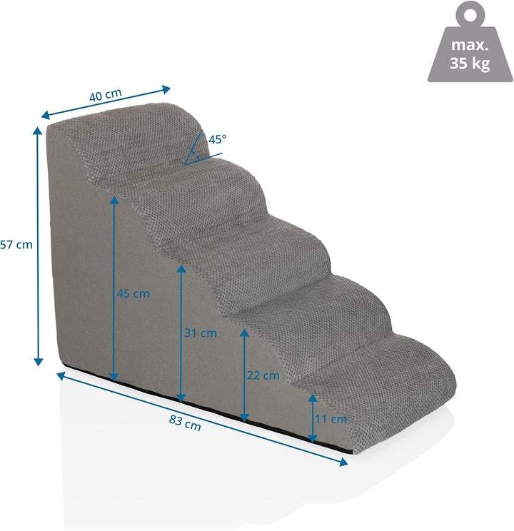 Haustiertreppe 5 Stufen PAWY Step 5 Hunde Treppe mit waschbarem Bezug, rutschfeste Hunderampe, Grau