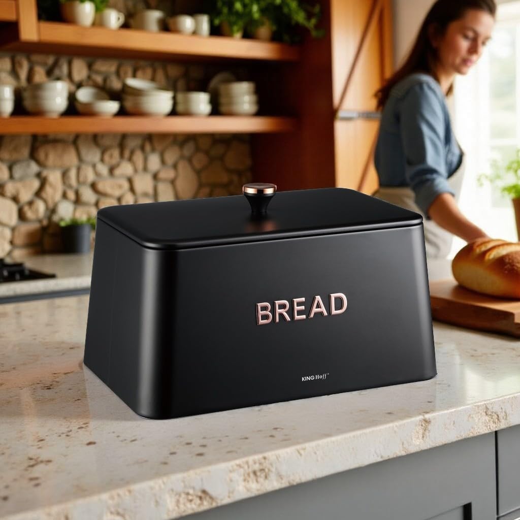 KING HOFF ELEGANTER,MODERNER BROTKASTEN AUS EDELSTAHL LEICHTE KONSTRUKTION GOLDENE AKZENTE (Schwarz)
