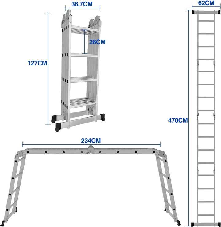 Ikodm 4x4 Stufen Mehrzweckleiter 4,7 m 7 in 1 Aluminium Multifunktionsleiter bis 150 kg mit 2 Transp