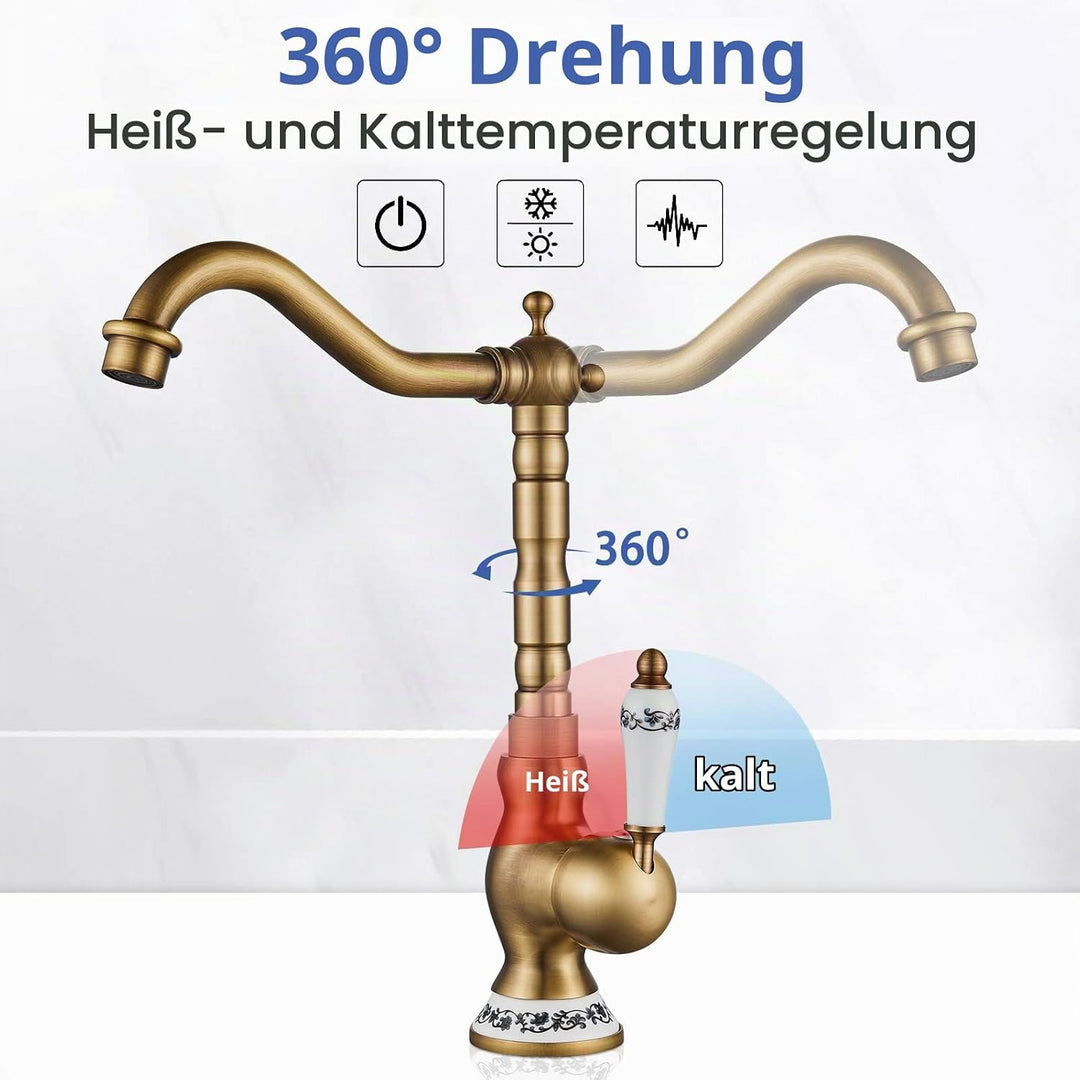 ROWINNAO Wasserhahn Bad Hoch Antikes Messing, Retro Waschtischarmatur 360° Drehbarer, Einhebel Misch