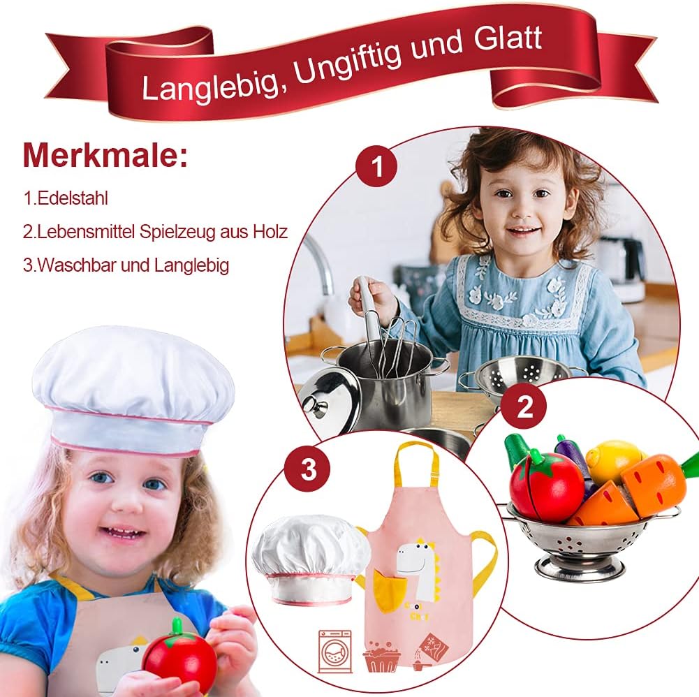 Sundaymot Küchenspielzeug Zubehör, Kinderküche Kochgeschirr Mit Edelstahl Töpfe Pfannenset, Schürze