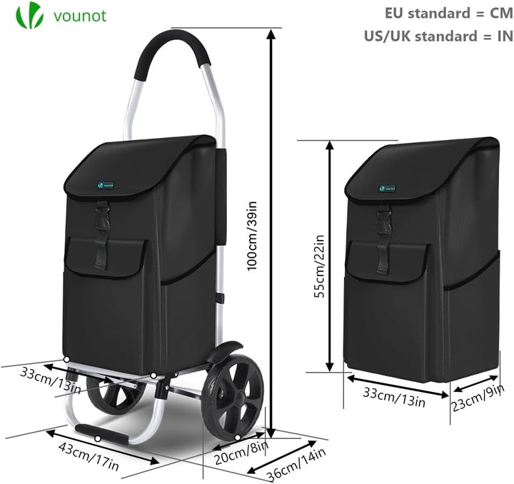 VOUNOT® Einkaufstrolley Klappbar aus Aluminium mit 58L Wasserdichter Tasche, 2 Extra grosse Räder mi
