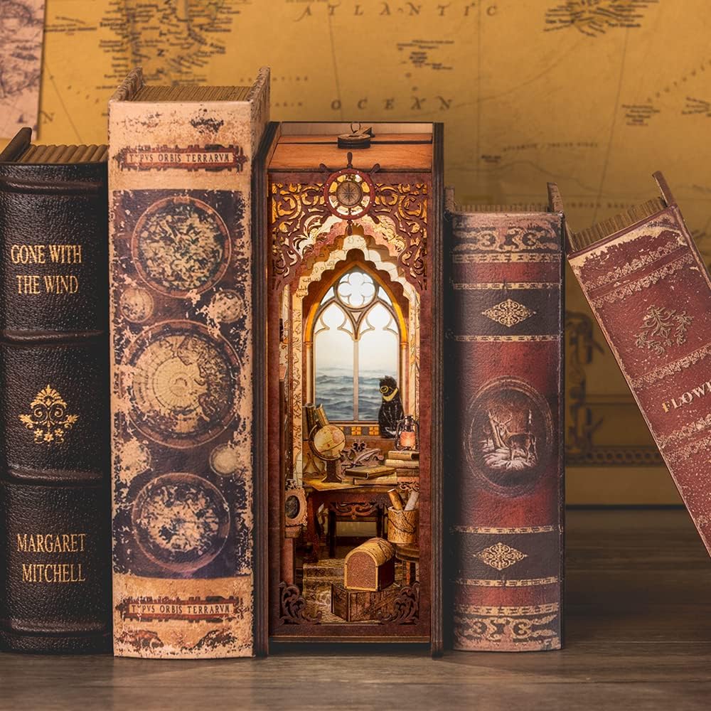 CUTEBEE Book Nook DIY Kit – DIY Puppenhäuser Miniatur Haus Kit mit Möbeln und LED-Licht, 3D Puzzle B