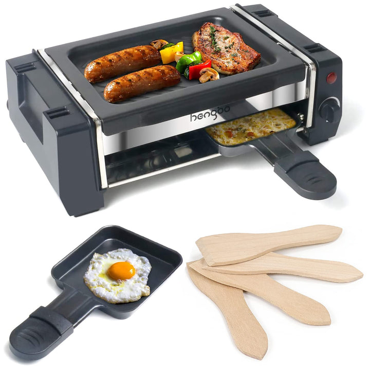HengBO Mini Raclette, Raclette Grill für 1 bis 2 Personen, Antihaftbeschichteten Grillplatte, 2 Pfan