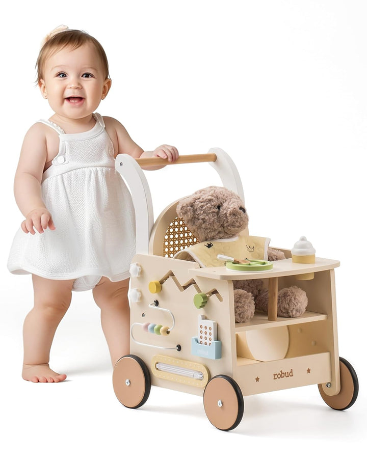ROBUD Holz lauflernhilfe Baby Walker, 2-In-1 Puppe Lauflernwagen mit Montessori Busy Activity Board