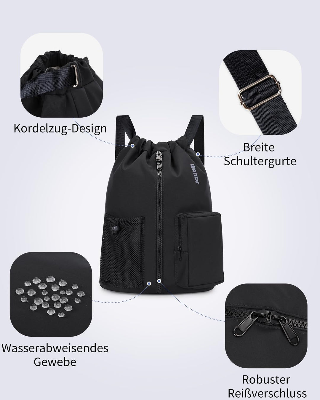 WANDF Turnbeutel mit Schuhfach, Sportbeutel Wasserabweisend,Gym Bag mit Kordelzug für Damen Herren K