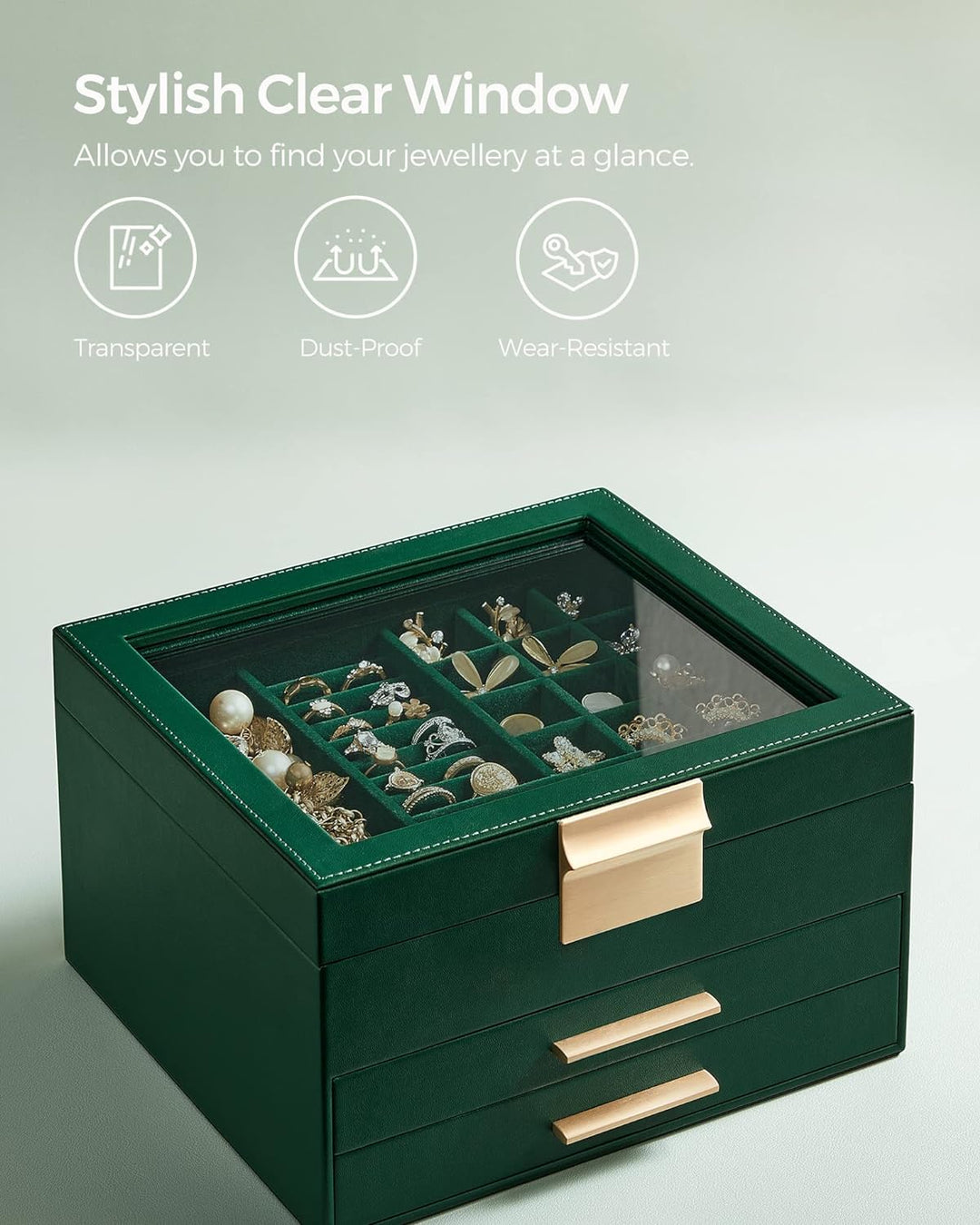 SONGMICS Schmuckkästchen, Schmuckkasten mit 3 Ebenen, Schmuckbox mit Glasdeckel, 2 Schubladen, Schmu