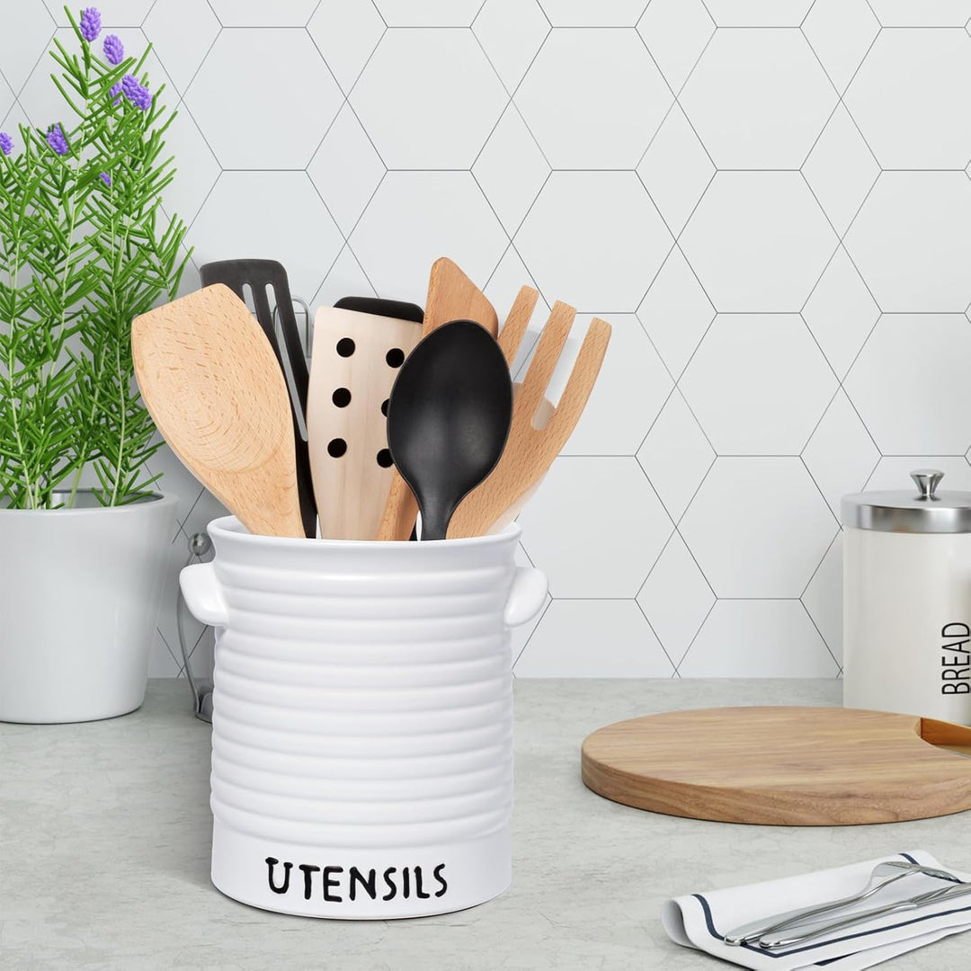 Karisky Kitchen Utensilhalter für Arbeitsplatten, 6,2 "grosser Keramikutensilien -Crock mit Korkmatt