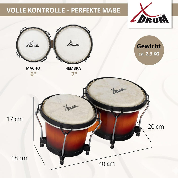 XDrum Bongos Club - 6" Macho und 7" Hembra - Naturfelle - professionelles Stimmsystem - Schwarz sati